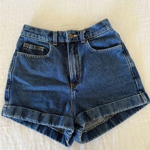 American Apparel Dark Blue High-Waist Rolled Hem Denim Shorts